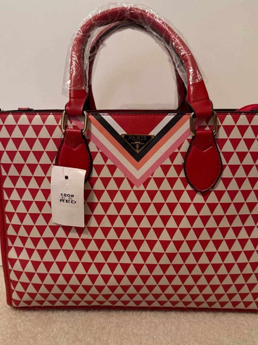 Aris Red Tote with Pink and Cream Chevron Detail
